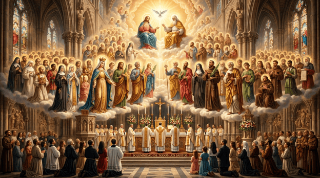 Catholic All Saints liturgy with clergy, worshippers, saints, and heavenly figures