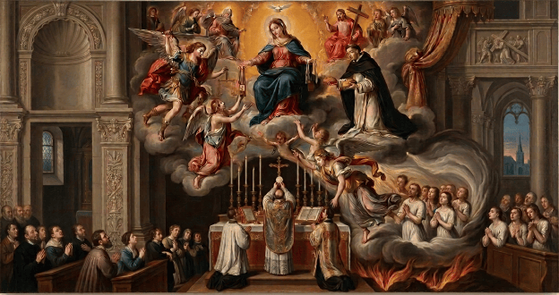 Religious painting with souls in purgatory and text “CONMEMORACION DE TODOS LOS FIELES DIFUNTOS”